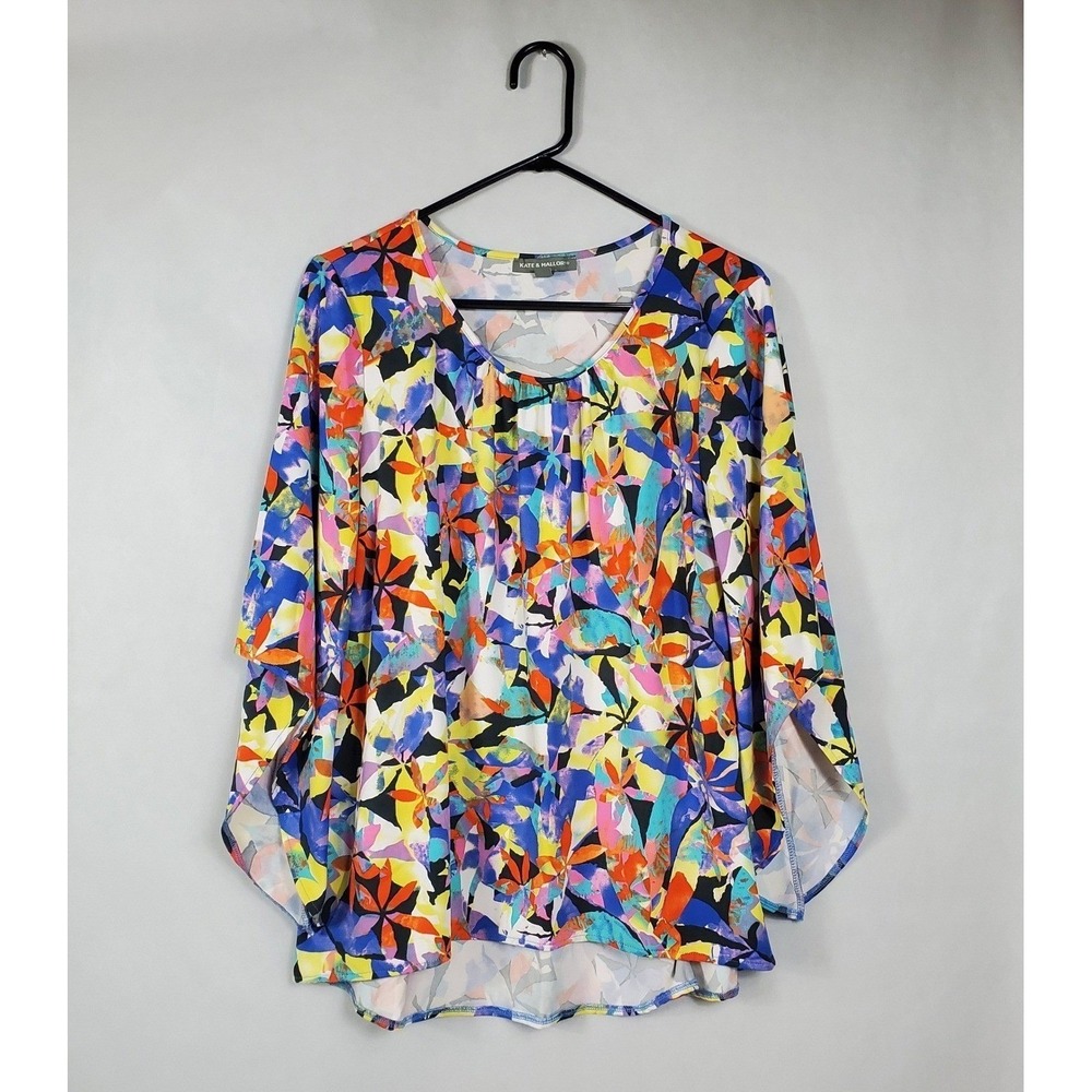 Kate & Mallory Womens Large Abstract Floral Split Flutter Sleeve Scoop Neck Top